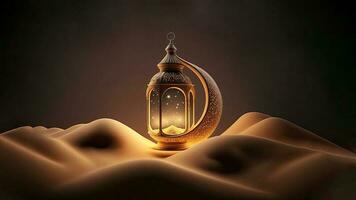 3D Render of Golden Crescent Moon With Illuminated Arabic Lantern On Sand Dune. Islamic Religious Concept. photo