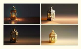 3D Render Collection of Illuminated Arabic Lamps Against Background. Islamic Festival Concept. photo