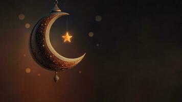 3D Render of Hanging Exquisite Shiny Carved Moon With Stars On Black Background. Islamic Religious Concept. photo