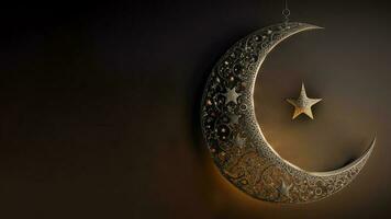 3D Render of Hanging Exquisite Carved Moon With Star On Dark Background. Islamic Religious Concept. photo