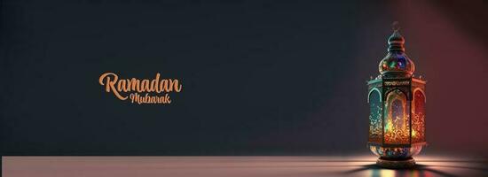 Ramadan Mubarak Banner Design With Realistic Sparkling Arabic Lamp, 3D Render. photo