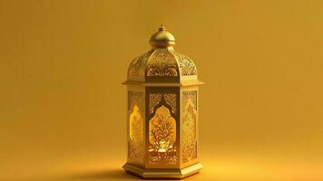 Illuminated Golden Arabic Lantern On Mustard Background. Islamic Religious Concept. 3D Render. photo