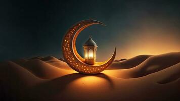 3D Render of Golden Crescent Moon With Illuminated Arabic Lantern On Sand Dune. Islamic Religious Concept. photo