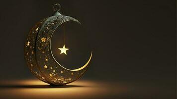 3D Render of Hanging Exquisite Shiny Carved Moon With Star On Dark Background. Islamic Religious Concept. photo