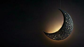 3D Render of Hanging Exquisite Crescent Moon With Stars On Black Background. Islamic Religious Concept. photo