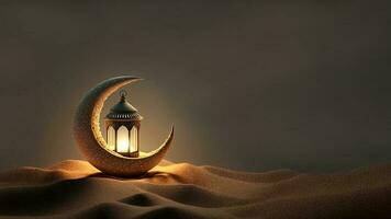 3D Render of Golden Crescent Moon With Illuminated Arabic Lantern On Sand Dune. Islamic Religious Concept. photo