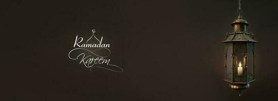 Ramadan Kareem Banner Design With 3D Render of Illuminated Arabic Lamp Hang On Dark Background. photo