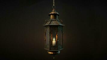 3D Render of Hanging Illuminated Arabic Lantern On Black Background. Islamic Religious Concept. photo