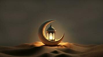 3D Render of Golden Crescent Moon With Illuminated Arabic Lantern On Sand Dune. Islamic Religious Concept. photo