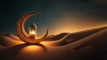 3D Render of Golden Crescent Moon With Illuminated Arabic Lantern On Sand Dune. Islamic Religious Concept. photo