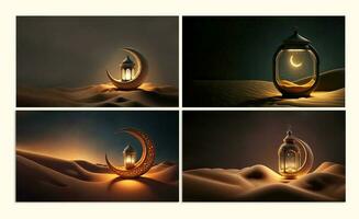 Collection of Exquisite Crescent Moon With Illuminated Arabic Lamps On Sand Dune. 3D Render. photo