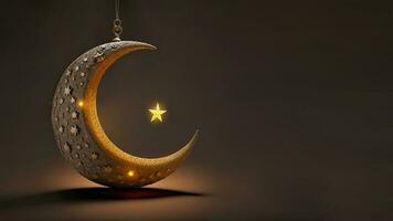 3D Render of Hanging Exquisite Shiny Carved Moon With Star On Dark Background. Islamic Religious Concept. photo