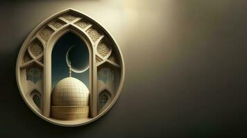 3D Render of Mosque With Realistic Crescent Moon Inside Mosaic Window. Islamic Religious Concept. photo