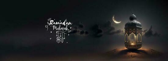 Ramadan Mubarak Banner Design With 3D Render of Arabic Lamp On Sand Dune And Realistic Crescent Moon. photo