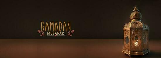 Ramadan Mubarak Banner Design With 3D Render of Illuminated Exquisite Arabic Lamp On Dark Brown Background. photo