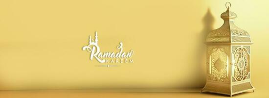 Ramadan Kareem Banner Design With 3D Render, Golden Exquisite Arabic Lamp On Yellow Background. photo