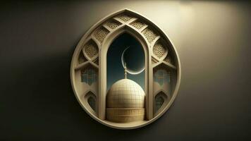 3D Render of Mosque With Realistic Crescent Moon Inside Mosaic Window. Islamic Religious Concept. photo