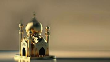 3D Illustration Of Golden Exquisite Mosque On Olive Brown Background. Islamic Religious Concept. photo