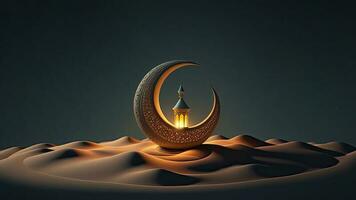 3d hacer de dorado creciente Luna con iluminado Arábica linterna en arena duna. islámico religioso concepto. foto