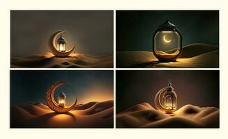 Collection of Exquisite Crescent Moon With Illuminated Arabic Lamps On Sand Dune. 3D Render. photo