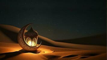 3d hacer de dorado creciente Luna con iluminado Arábica linterna en arena duna. islámico religioso concepto. foto