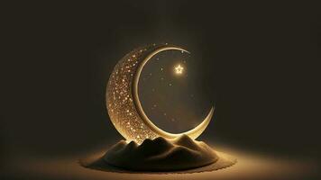 3D Render of Crescent Moon Decorated With Glowing Stars On Dune. Islamic Religious Concept. photo