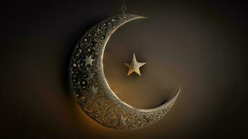 3D Render of Hanging Exquisite Carved Moon With Star On Dark Background. Islamic Religious Concept. photo