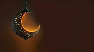 3D Render of Hanging Exquisite Shiny Carved Moon With Stars On Dark Background. Islamic Religious Concept. photo