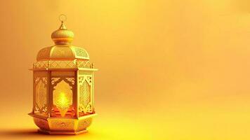 Illuminated Golden Arabic Lantern On Chrome Yellow Background. Islamic Religious Concept. 3D Render. photo