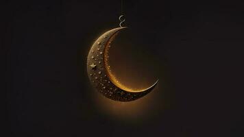 3D Render of Hanging Exquisite Crescent Moon With Stars On Black Background. Islamic Religious Concept. photo