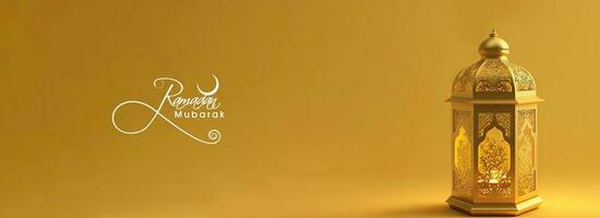 Ramadan Mubarak Banner Design With 3D Render, Golden Illuminated Arabic Lamp On Yellow Background. photo