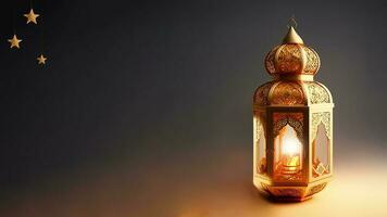 Realistic Illuminated Arabic Lantern On Background. Islamic Religious Concept. 3D Render. photo