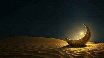 3D Render of Crescent Moon Decorated With Glowing Stars On Dune. Islamic Religious Concept. photo