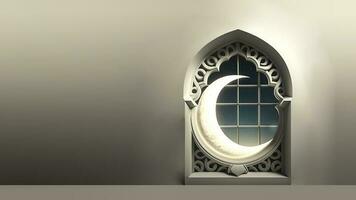 3D Render Of Crescent Moon Inside Mosaic Window. Islamic Religious Concept. photo