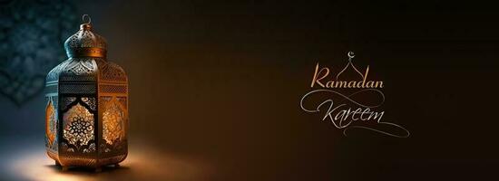 Ramadan Kareem Banner Design With Realistic Illuminated Arabic Lamp On Brown Background. photo
