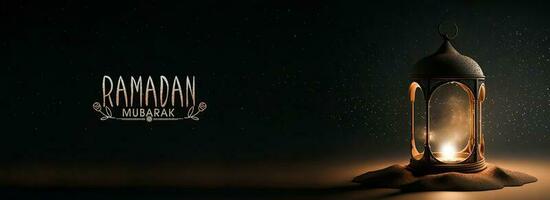 Ramadan Mubarak Banner Design With Realistic Illuminated Arabic Lamp On Sand Dune. 3D Render. photo