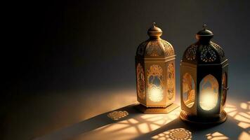 Realistic Illuminated Arabic Lanterns On Background. Islamic Religious Concept. 3D Render. photo