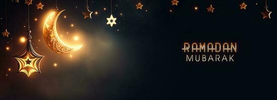 Ramadan Mubarak Banner Design With 3D Render of Shiny Golden Crescent Moon And Hanging Stars Decorated Background. photo