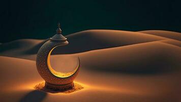 3D Render of Exquisite Crescent Moon On Sand Dune. Islamic Religious Concept. photo