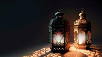 Realistic Illuminated Arabic Lantern On Background. Islamic Religious Concept. 3D Render. photo