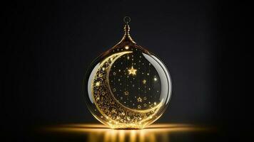 Beautiful Crescent Moon With Lighting Inside Glass Lantern On Dark Background. Islamic Festival Concept. 3D Render. photo