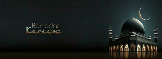 Ramadan Kareem Banner Design, 3D Render of Exquisite Mosque With Crescent Moon In Night. photo