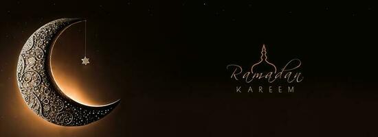 Ramadan Kareem Banner Design With 3D Render of Shiny Exquisite Crescent Moon And Hanging Star On Dark Brown Background. photo