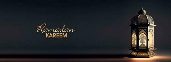 Ramadan Kareem Banner Design With Golden Glittery Text, Realistic Illuminated Arabic Lamp. 3D Render. photo