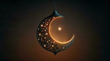 3D Render of Hanging Exquisite Carved Moon With Star On Dark Background. Islamic Religious Concept. photo