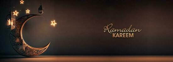 Ramadán kareem bandera diseño con dorado reluciente texto, 3d hacer de Exquisito creciente luna, colgando iluminado linternas y brillante estrellas decorado antecedentes. foto
