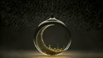 Glittery Crescent Moon With Mosque Inside Glass Round Shape Hang. 3D Render, Islamic Festival Concept. photo