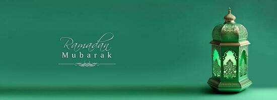 Ramadan Mubarak Banner Design With Realistic Illuminated Arabic Lamp On Teal Green Background. photo