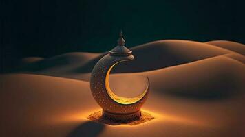 3D Render of Exquisite Crescent Moon On Sand Dune. Islamic Religious Concept. photo