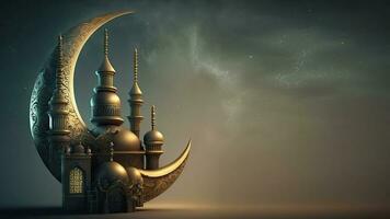 3D Render Of Exquisite Carved Moon With Mosque On Night Background. Islamic Religious Concept. photo